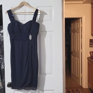 Cocktail dress, dark blue sequined bodice with sheer chiffon & lining.